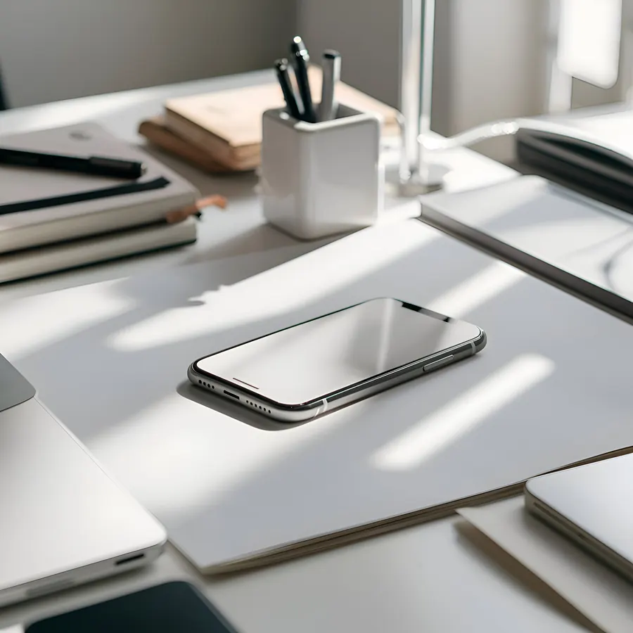Smartphone sobre mesa de escritório clean, ambiente de trabalho organizado